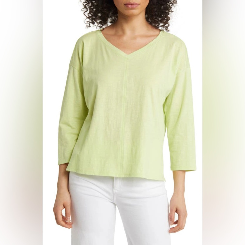 NWOT Eileen Fisher Organic Cotton Slub Jersey Boxy Top In Honeydew Large Casual